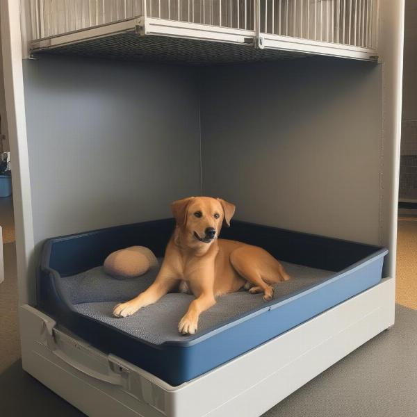 Dog in a comfortable kennel at a Redmond boarding facility