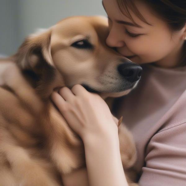 Person cuddling with their dog, demonstrating affection