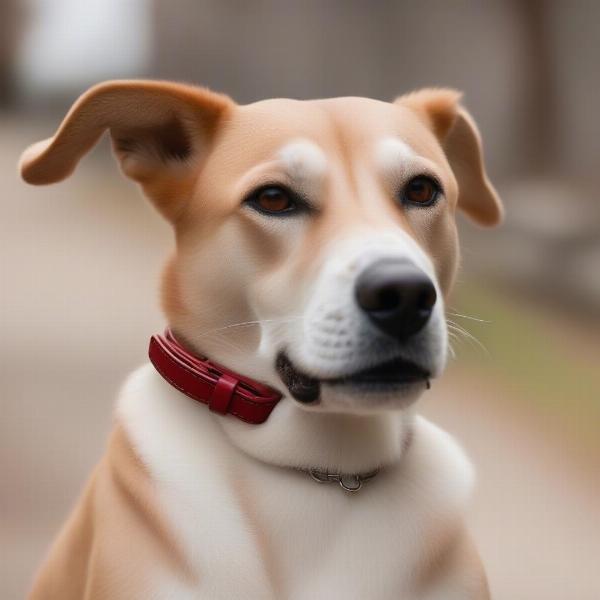 Close up of a rolled leather dog collar showing the stitching and rounded edges.