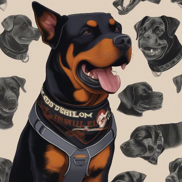 Rottweiler Dog Merchandise: A loyal Rottweiler wearing a stylish bandana and harness.