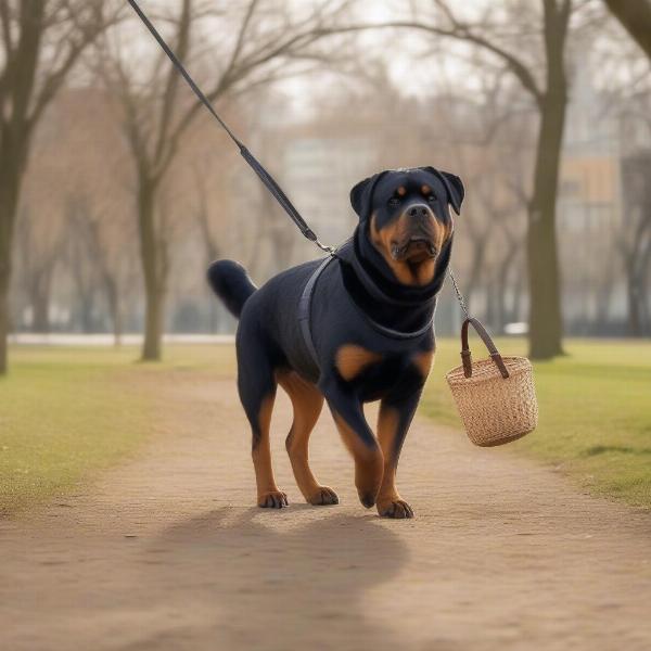 Rottweiler walking with a muzzle