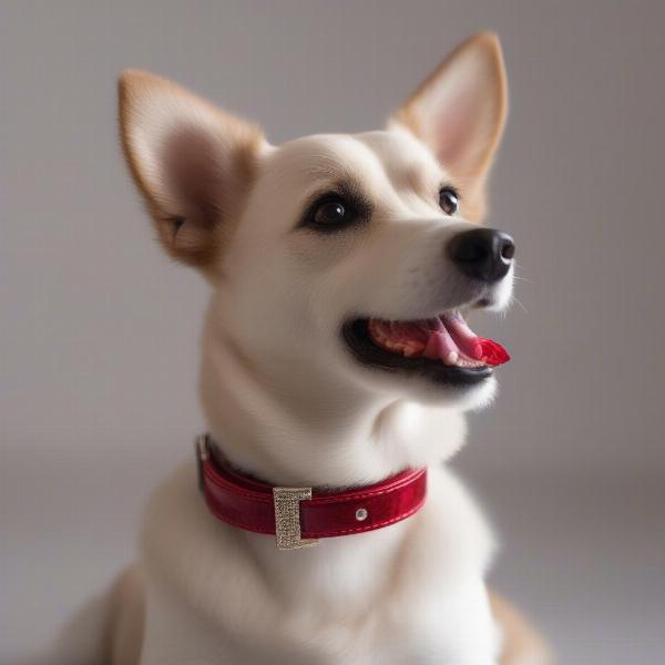 Small dog wearing a ruby dog collar