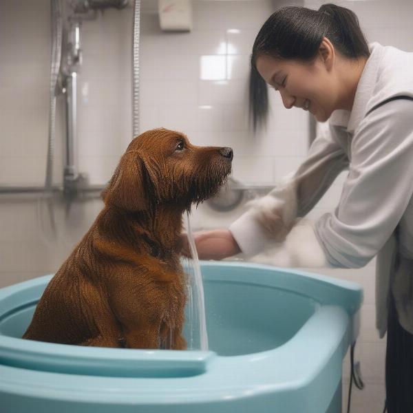 Ensuring a safe and comfortable dog wash experience with appropriate shampoos and lukewarm water.