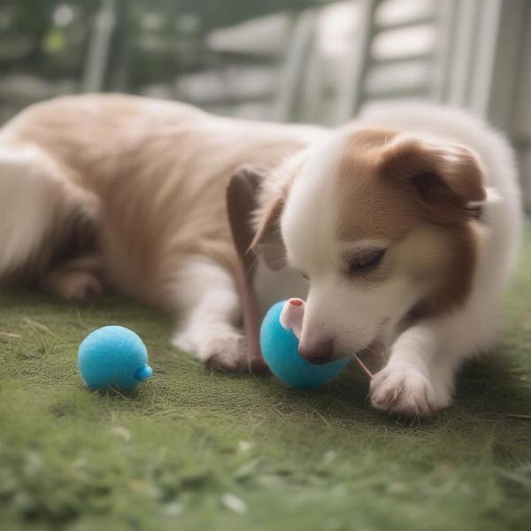 Dog playing safely with an opossum toy