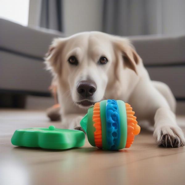 Supervising dog with a tearable toy