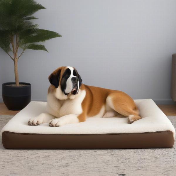 A Saint Bernard sleeping peacefully on a large, orthopedic dog bed