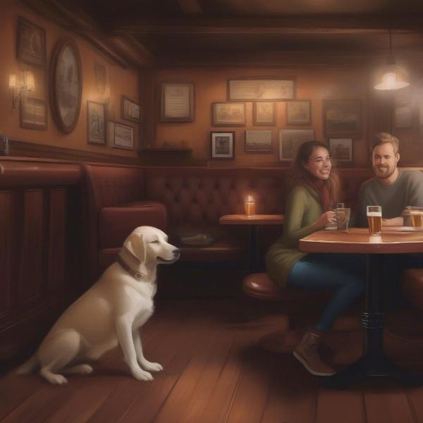 Interior of a dog-friendly pub in Saundersfoot, Wales, with a dog lying under a table and patrons enjoying drinks.