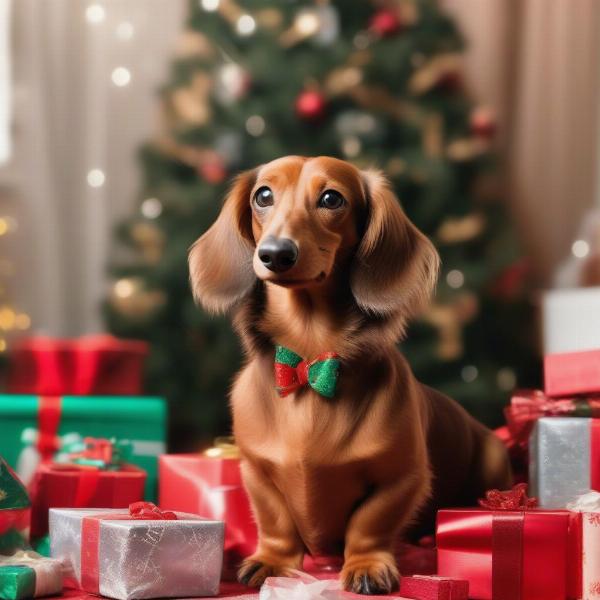 Sausage dog surrounded by Christmas gifts