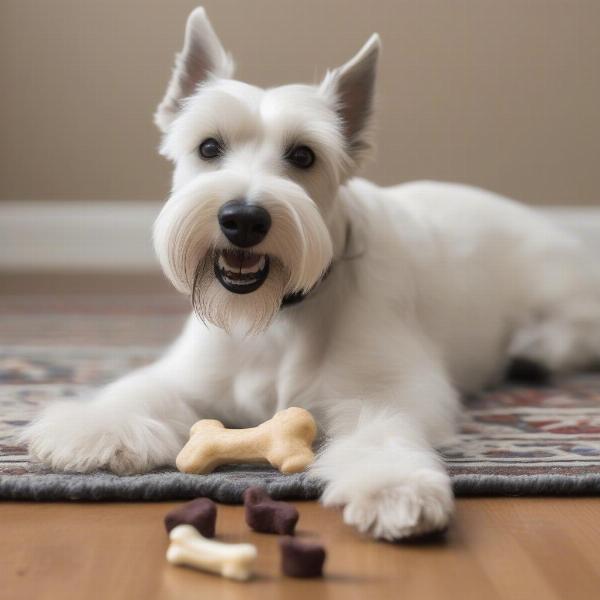 A Scottish Terrier enjoying a dog-safe chew toy