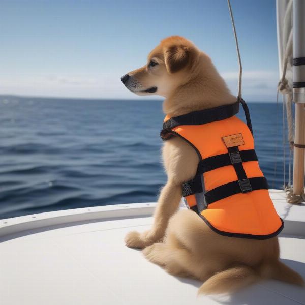 A dog sitting on the deck of a sailboat, looking out at the sea.