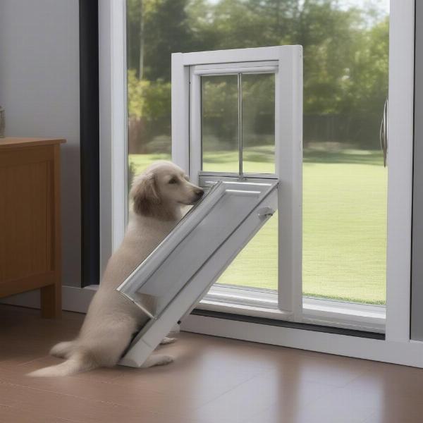 A secure dog door installed in a sliding glass door