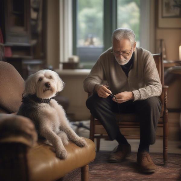 Elderly man grooming his dog in a comfortable living room setting