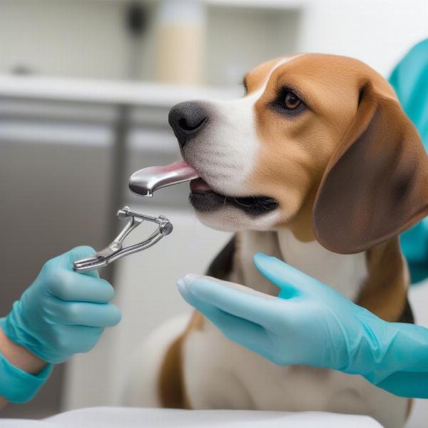 A veterinarian examining a senior dog's teeth