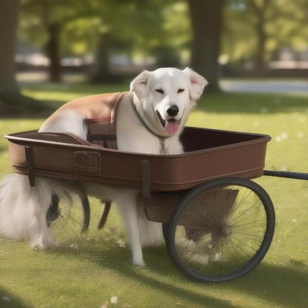 Senior dog enjoying a ride in a wagon