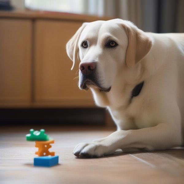 Senior dog engaging with a puzzle toy for mental stimulation