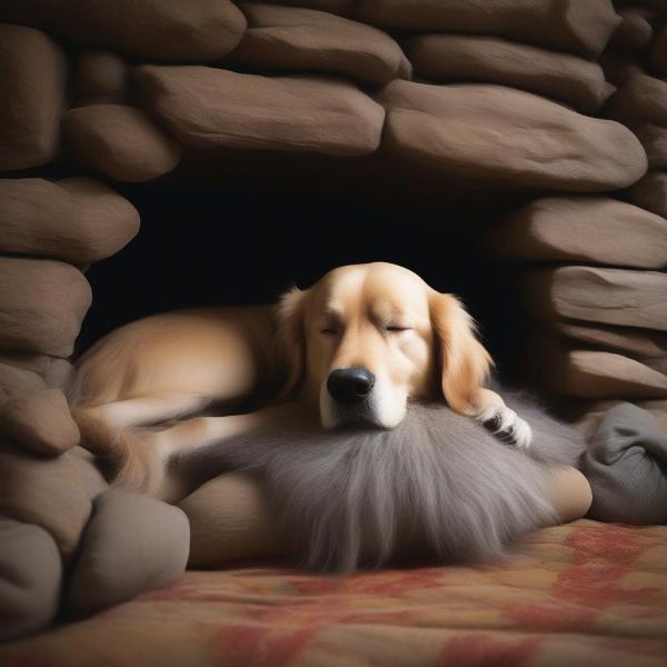 A senior dog sleeping peacefully in a cave bed