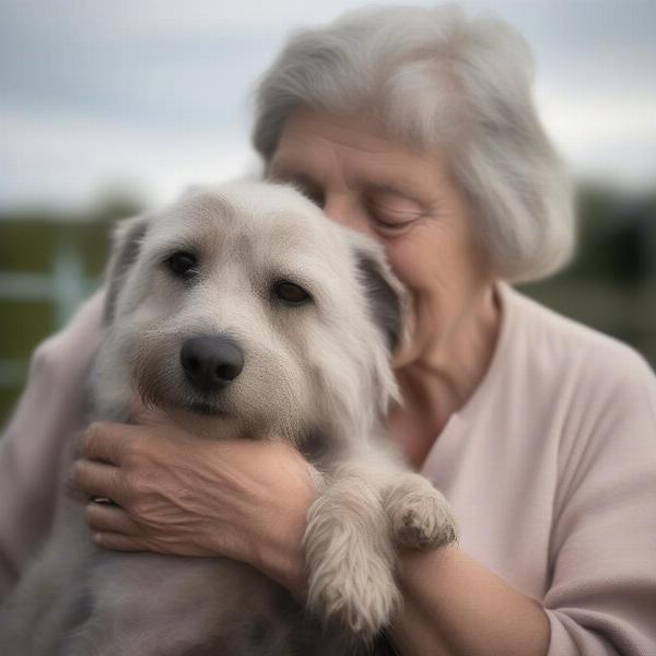 A senior dog being held and snuggled by its owner.