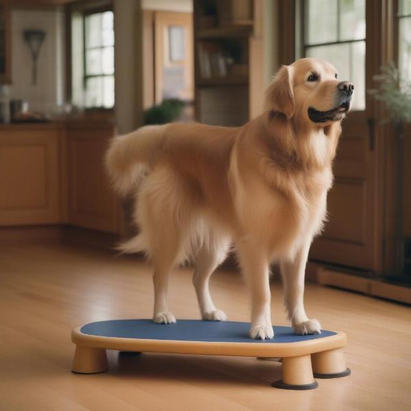 Senior dog using a balance board for stability training