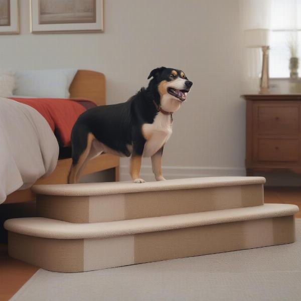 Senior dog using steps to access a high bed