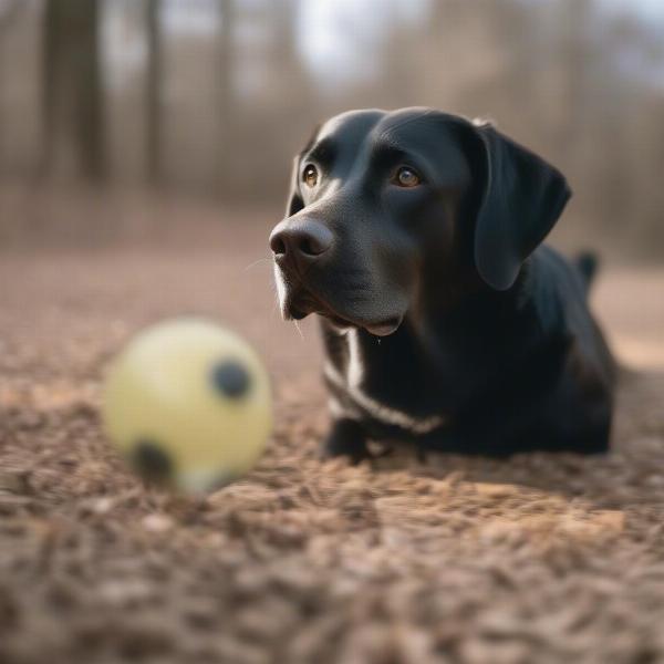 Senior dog watching a bumble ball