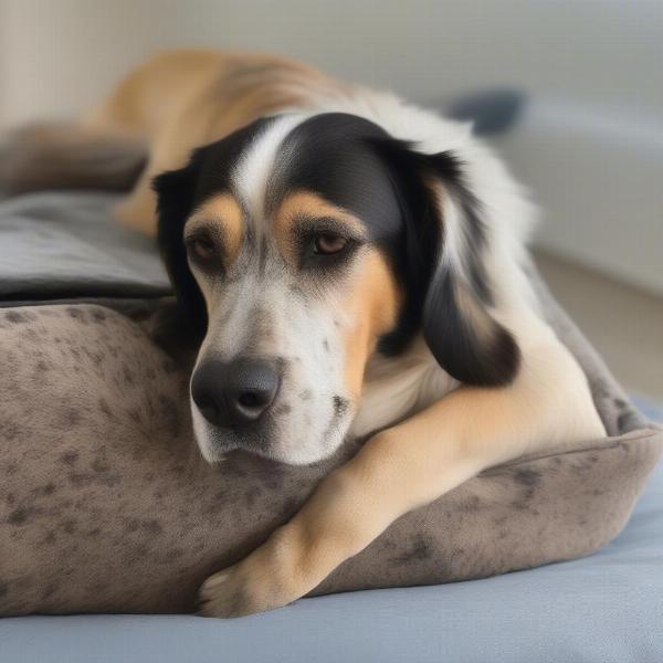 Senior dog with age spots resting comfortably