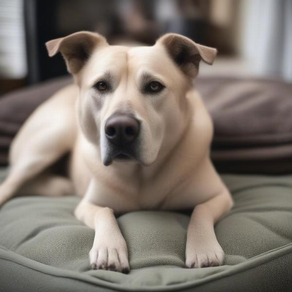 A senior three-legged dog resting comfortably