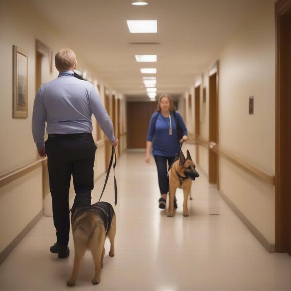 Service Dog with Handler in Hotel Corridor