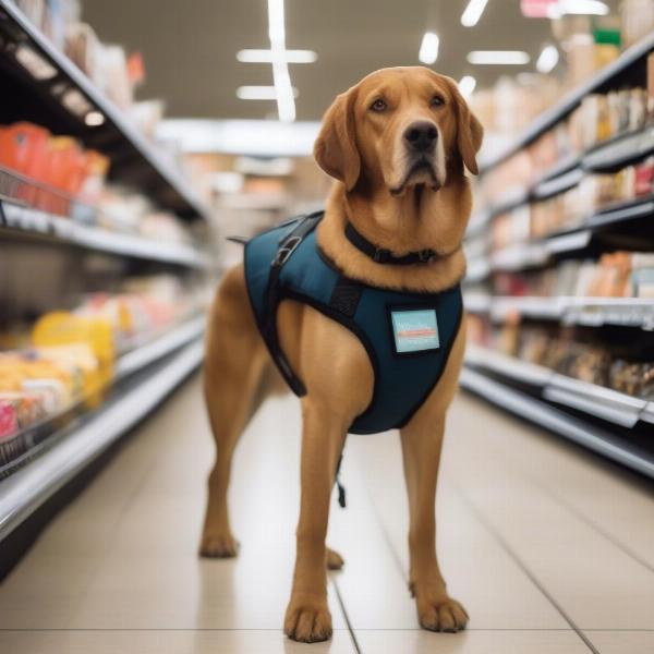 Service dog accompanying its owner inside a store.