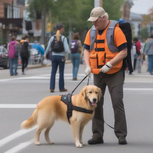 Service dog assisting its handler in a public space