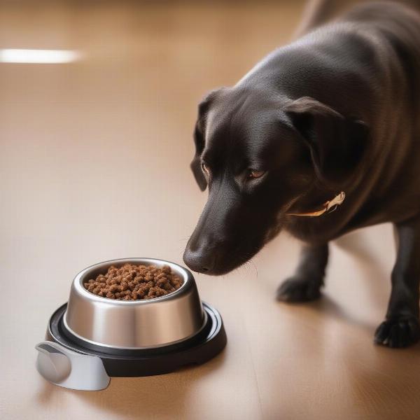 A dog enjoying a bowl of homemade liver dog food.