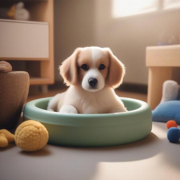 Setting up a dog kennel with a comfortable bed and toys creates a welcoming space.