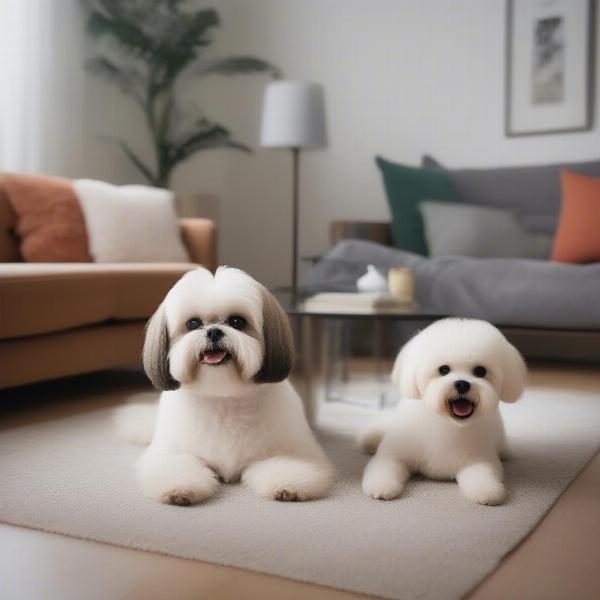 Shih Tzu and Bichon Frise playing in a small apartment