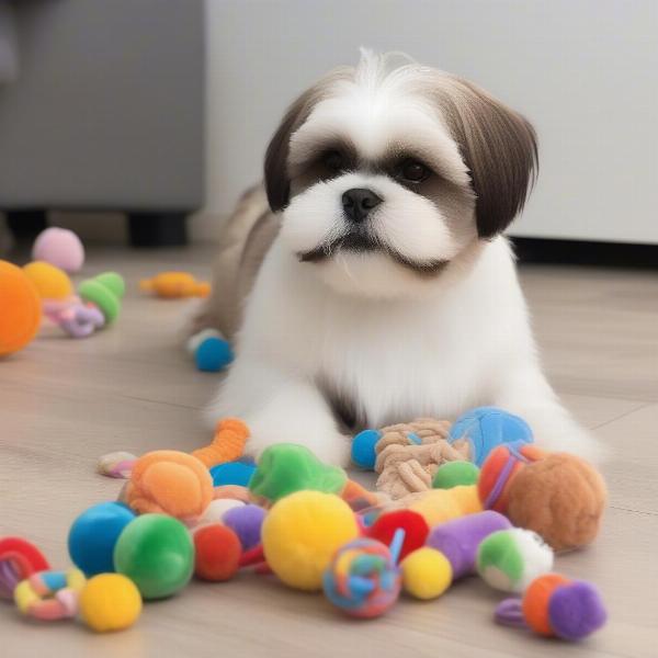 A happy Shih Tzu playing with various toys.