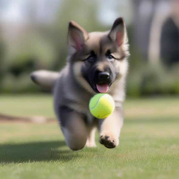 Shiloh Shepherd puppy playing fetch