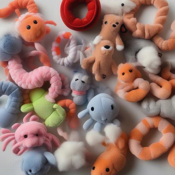 Various shrimp dog toys for different dog sizes and breeds