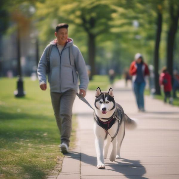 Siberian Husky exercising in a city park