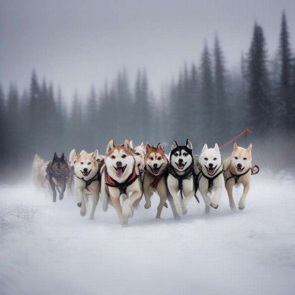 Sled dog team in a winter landscape