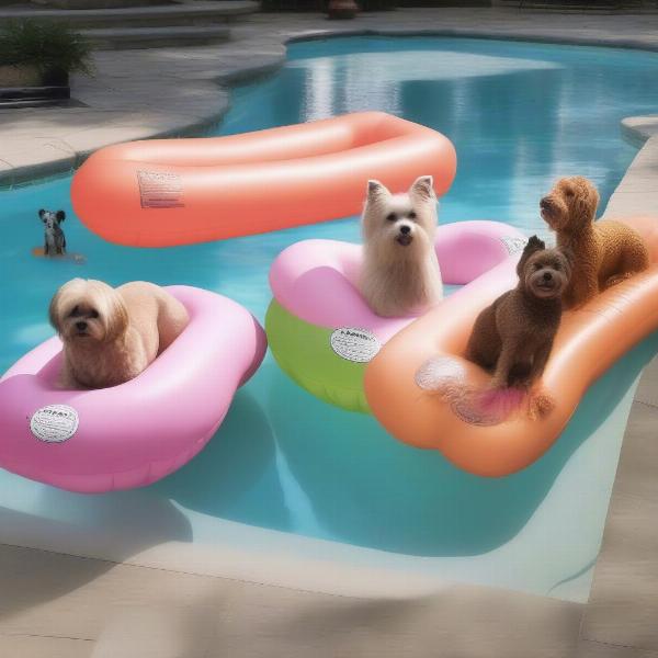 Choosing the right size small dog pool float is crucial for your pup's comfort and safety. This image shows various sizes of small dog pool floats, highlighting the importance of measuring your dog before purchasing.