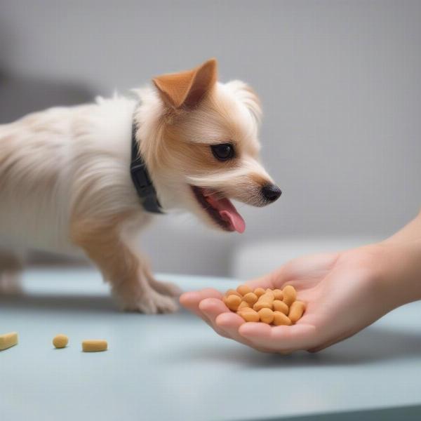 A small dog taking Simparica Trio chewable tablet