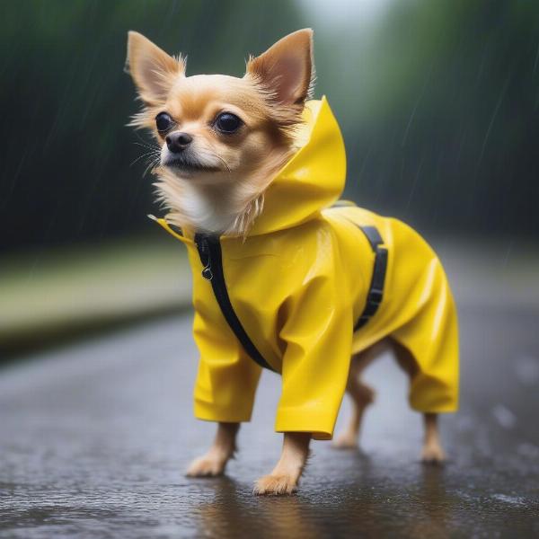 Small Dog Wearing a Waterproof Coat in the Rain