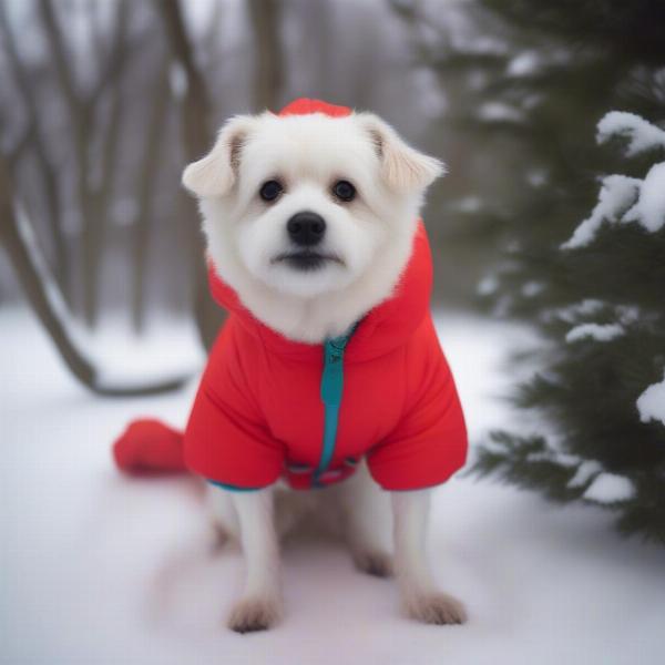 Small dog wearing a red snowsuit in a winter park