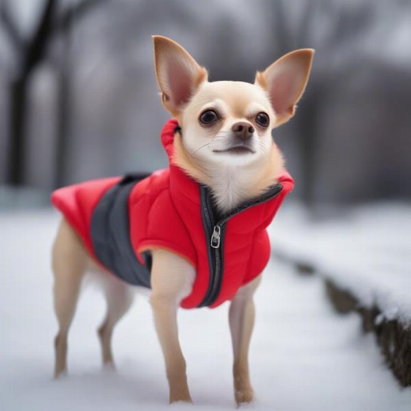 Small dog wearing a winter jacket in the snow