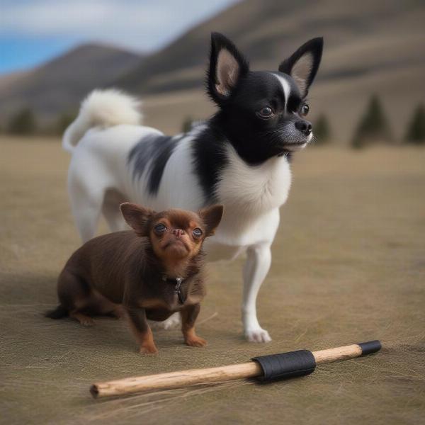 Small dog trying to chew a yak stick