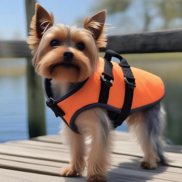 A Small Dog Comfortably Wearing a Life Jacket