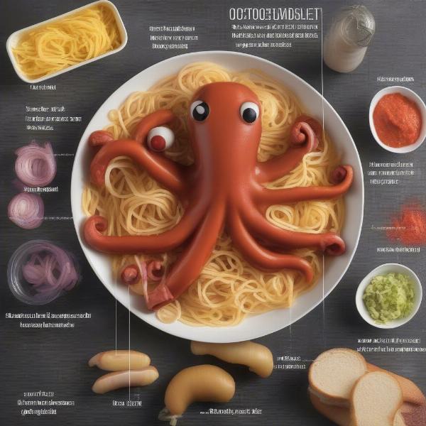 Ingredients of spaghetti hot dog octopus: spaghetti, hot dogs, and the octopus shape.