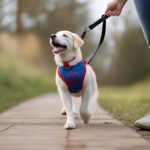 Dog walking with a Spiderman harness