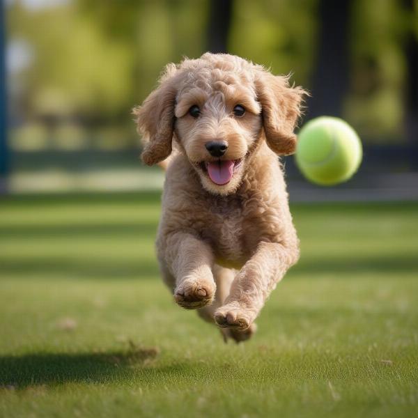 Spoodle playing fetch