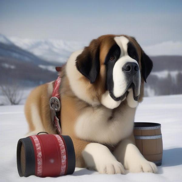 St. Bernard dog rescuing a person in the snowy mountains