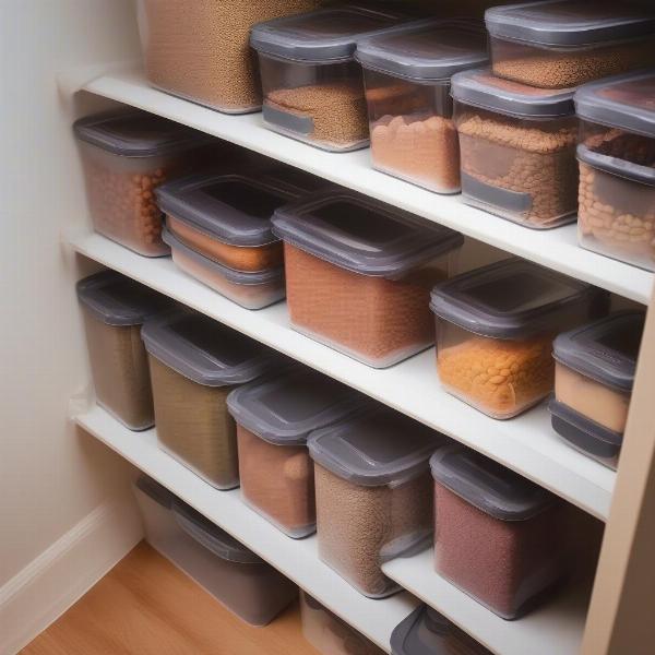 Stackable dog food containers neatly organized in a pantry