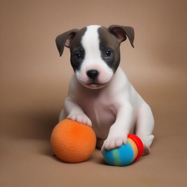 A Staffordshire Bull Terrier puppy playfully chewing on a toy